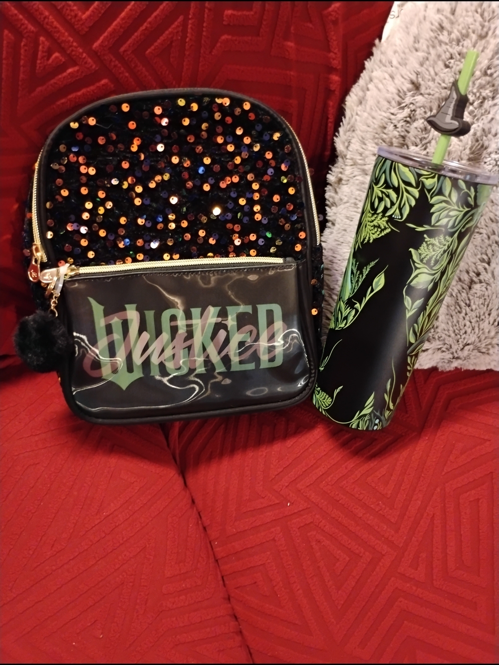 Wicked  tumbler, Sequined Mini Backpack in Black with Multicolor Sequins set.
